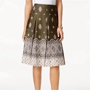 Charter Club pleated A-line skirt. Olive Green/Paisley Print.